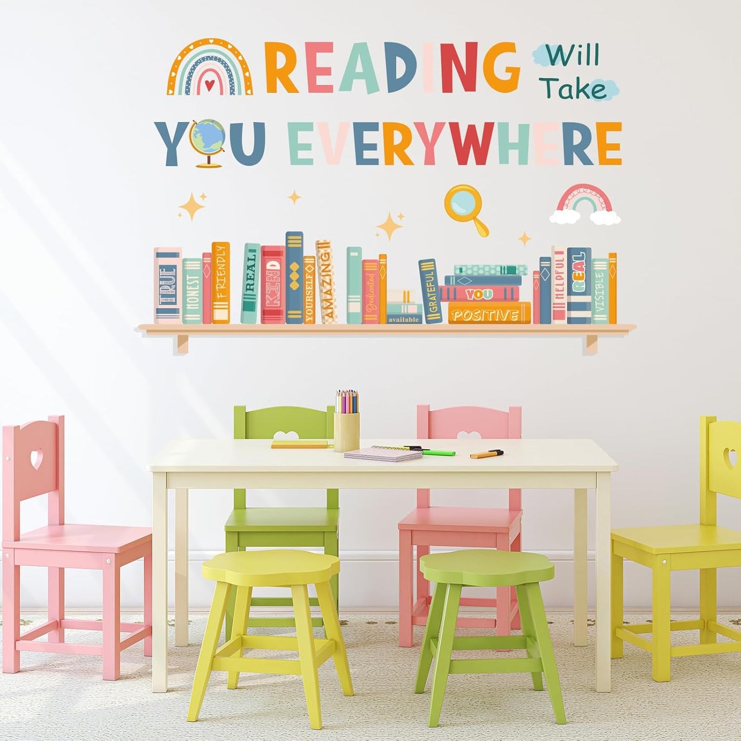 JarThenaAMCS 2 Sheets Back to School Hippie Boho Reading Wall Stickers Positive Quote Book Print Large Room Mural Decals for Classroom Library Decor, 11.8 x 35.4 Inch