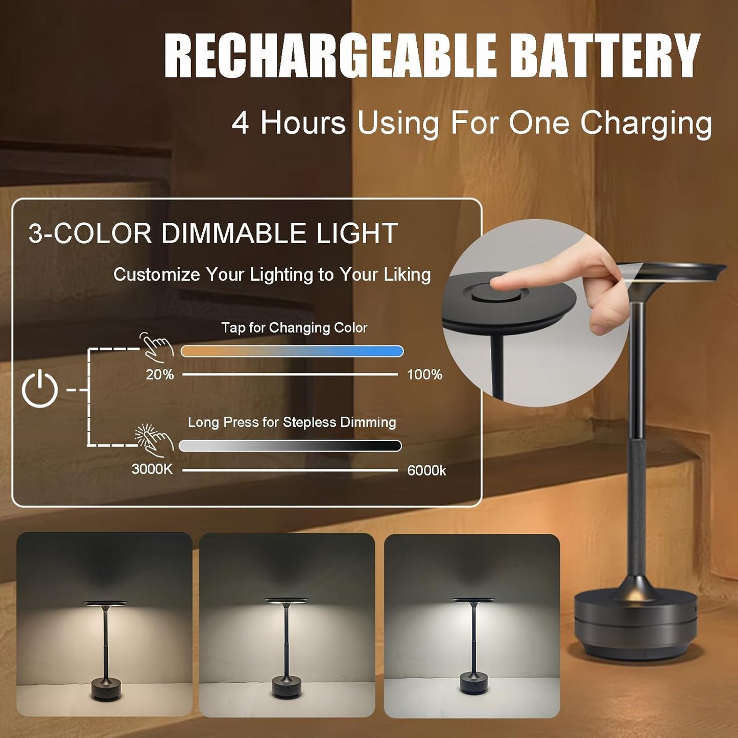 Cordless Rechargeable LED Table Lamp, 11.5 inches Modern Portable Desk Lamps 3 Colors Adjustable Brightness, 2600 mAh Battery Powered Table Light for Bar Restaurant Dining Golden 2Pcs
