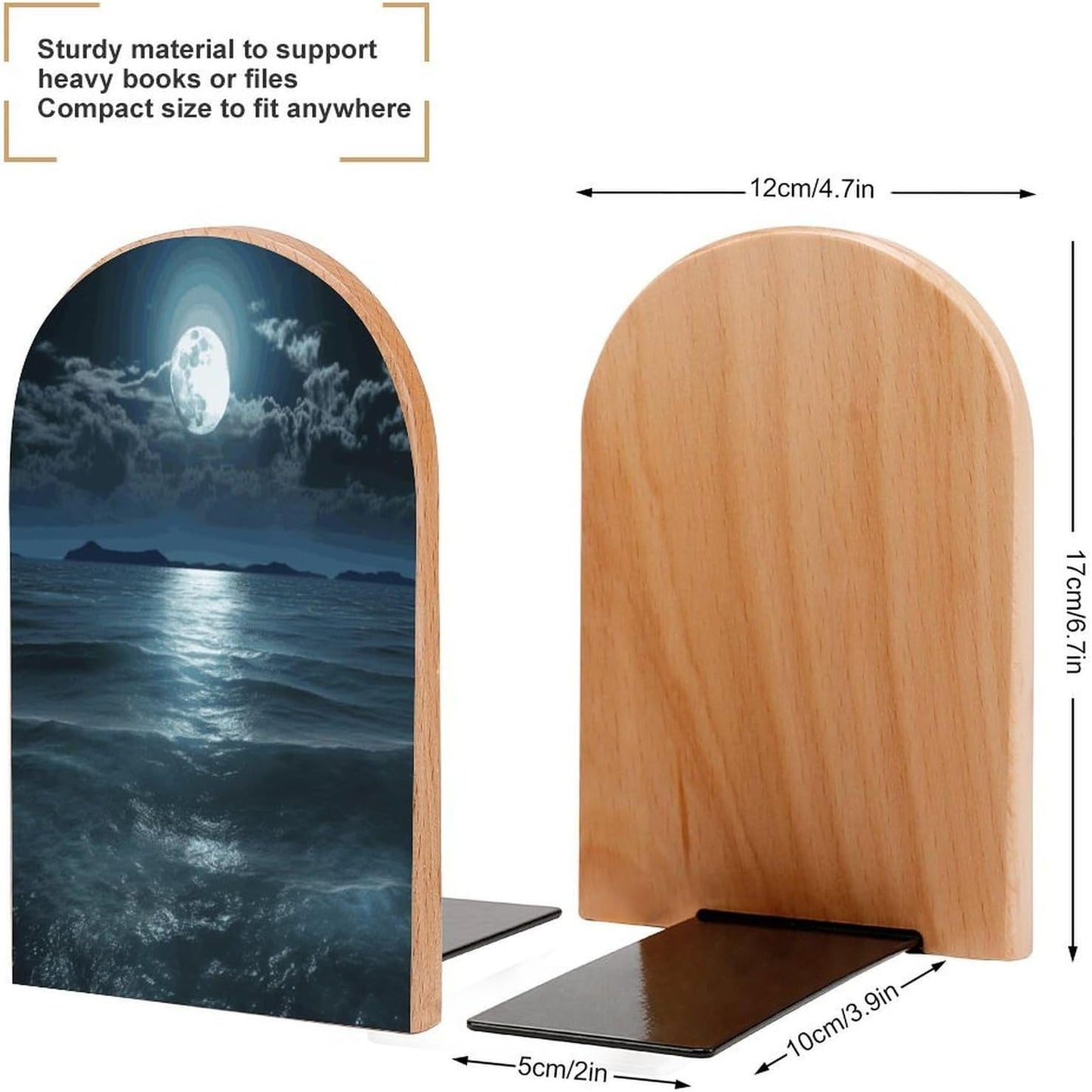 Moon and Sea Bookend for Shelves Wooden Book End Large Size Sturdy Book Holders Stoppers with Metal Base for Bookshelves Slick Decorative Bookends Stands