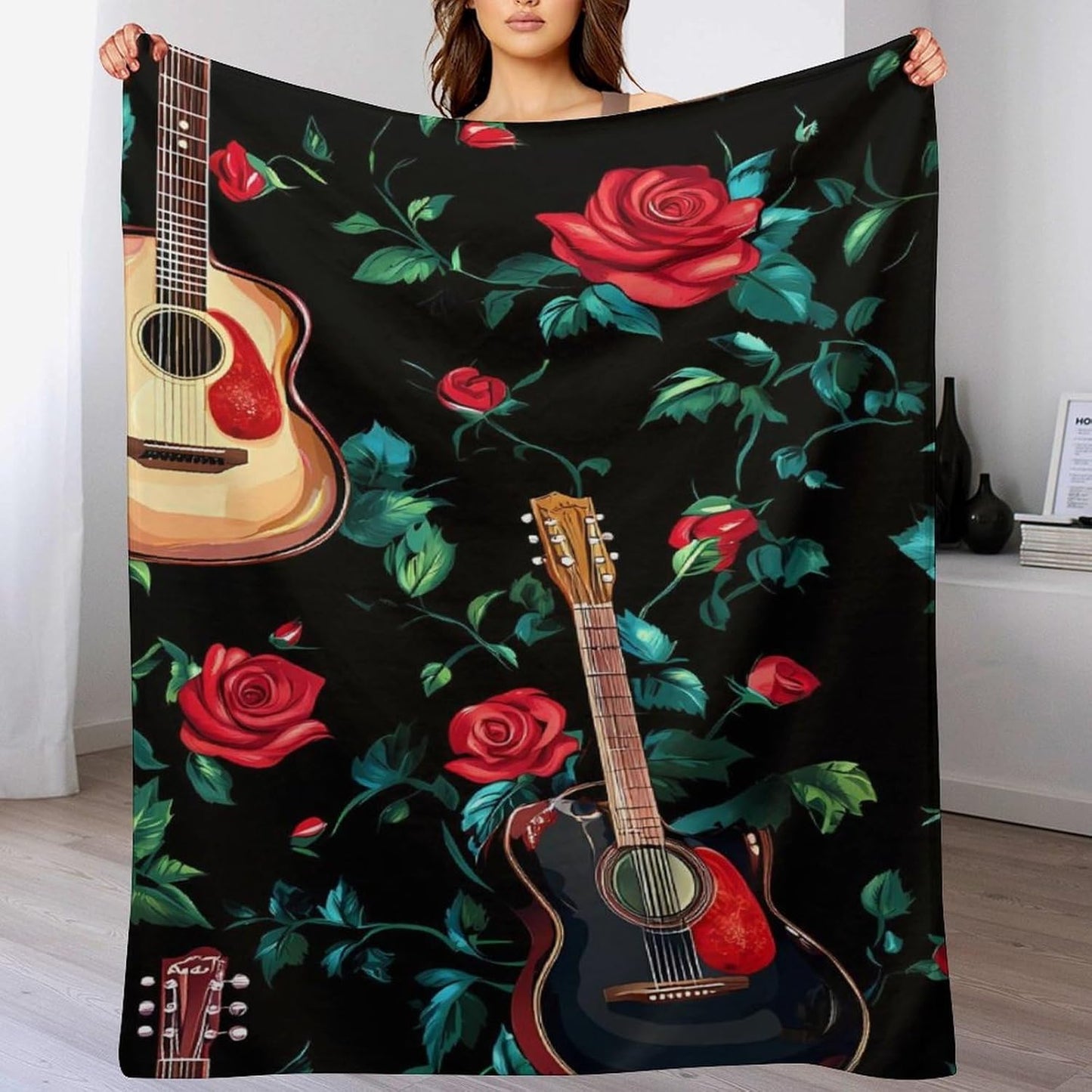 Guitar Rose Throw Blanket for Couch Bed Plush Cozy Fuzzy Flannel Blanket for All Season 30"x50"