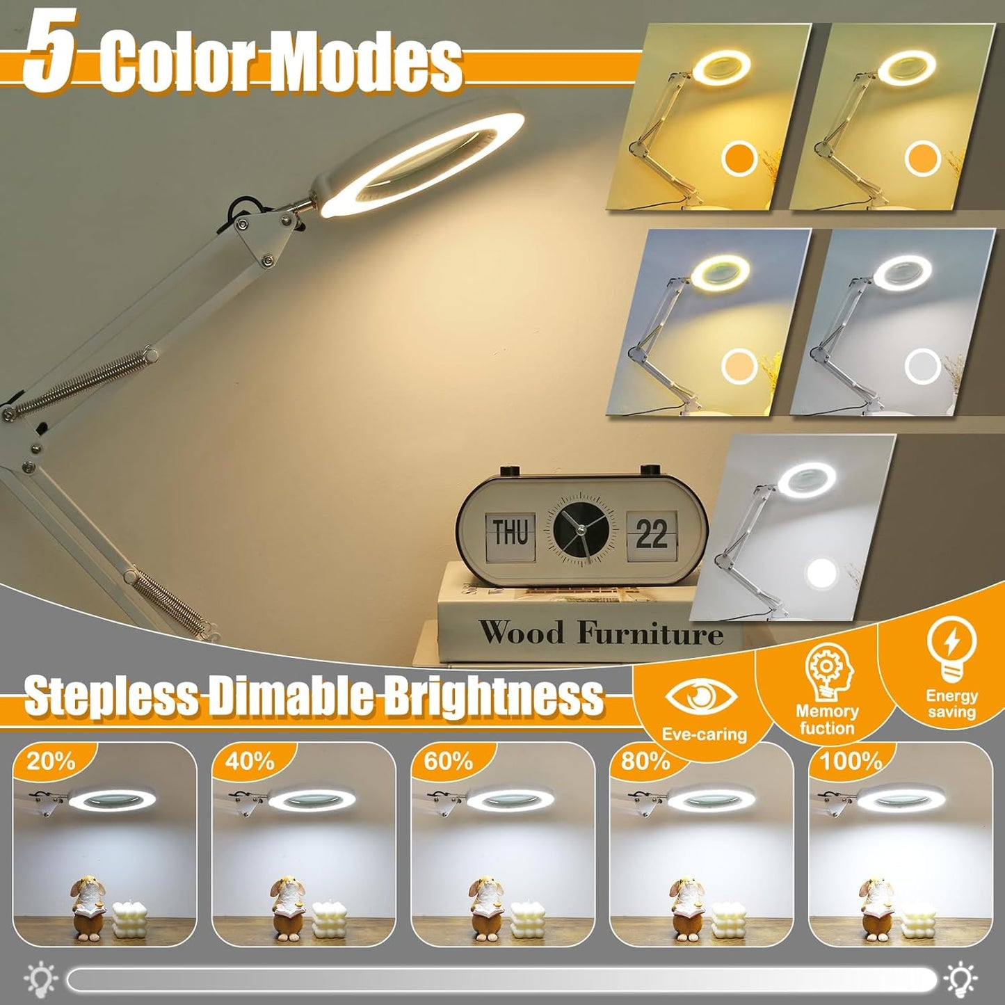 12X Magnifying Glass with Light and Stand (No Acrylic Lens), 2-in-1 Lighted Magnifier with Clamp 5 Color Modes Dimmable LED Desk Lamp Hands Free for Painting Craft Sewing Hobby Close Work White
