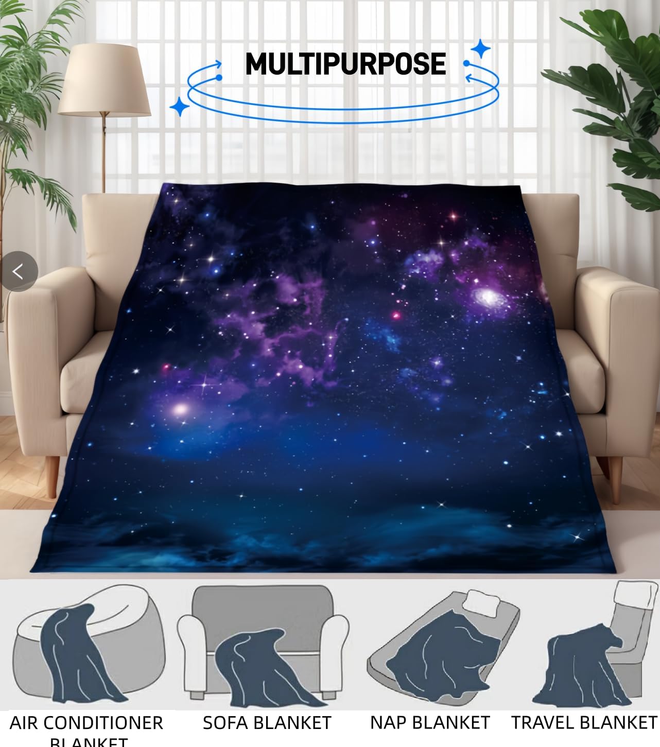 Galaxy Throw Blanket, Outer Space Universe Warm Fleece Blanket for Sofa Couch Bed, 60L x 50W inches, Purple Blue