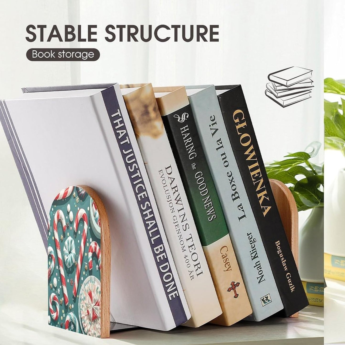 Christmas Candy Cane Bookends 1 Pair Heavy Duty Book Ends for Shelves Non-Skid Bookend Supports Wooden Book Holders with Metal Base Desk Organizers Books Storage to Hold Books