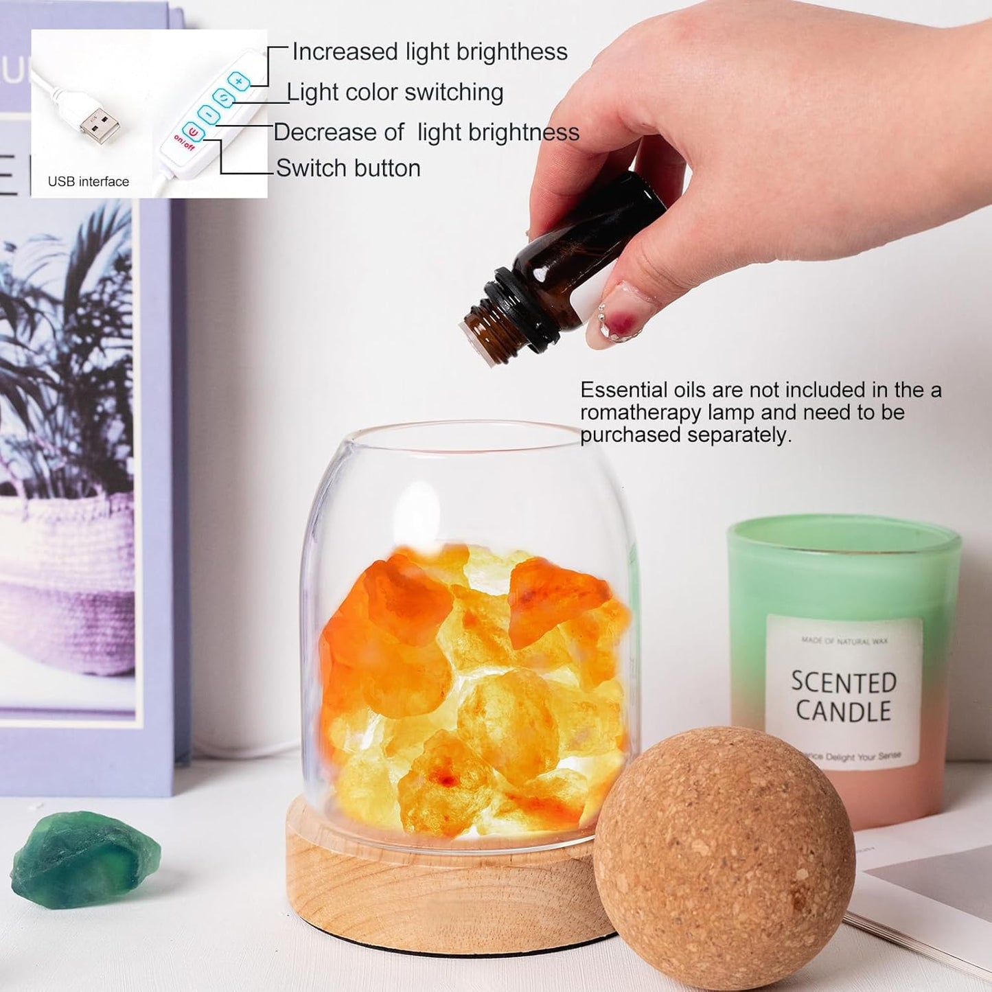 Runyangshi Himalayan Salt Night Lamp 6.3" Natural Healing Crystal Aroma Stone Diffuser Bedside Lamp USB Port 3 Colours Dimming Mode Bedroom Lamp Home Decor