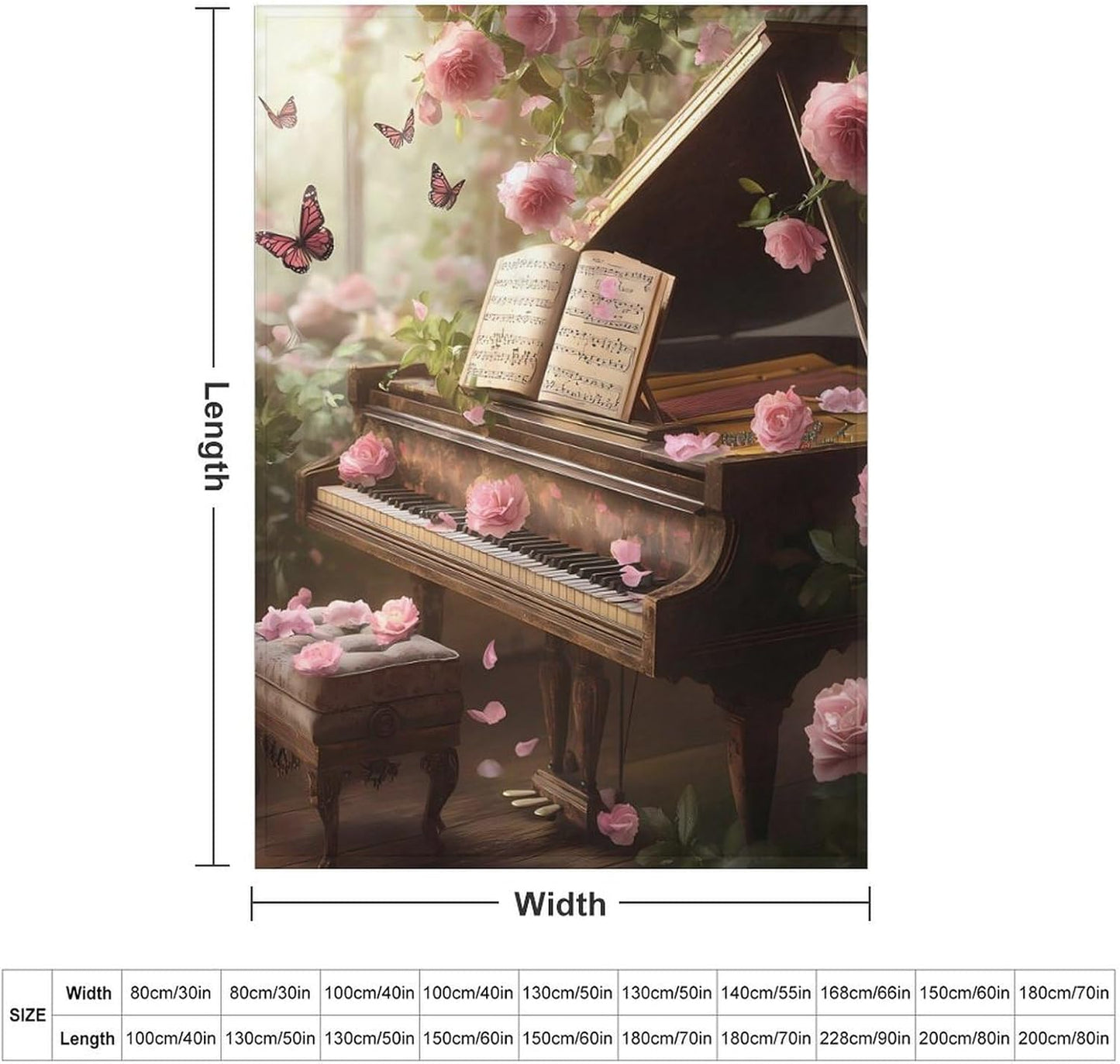Piano Floral Gothic Flower Throw Blanket for Couch Bed Plush Cozy Fuzzy Flannel Blanket for All Season 55"x70"