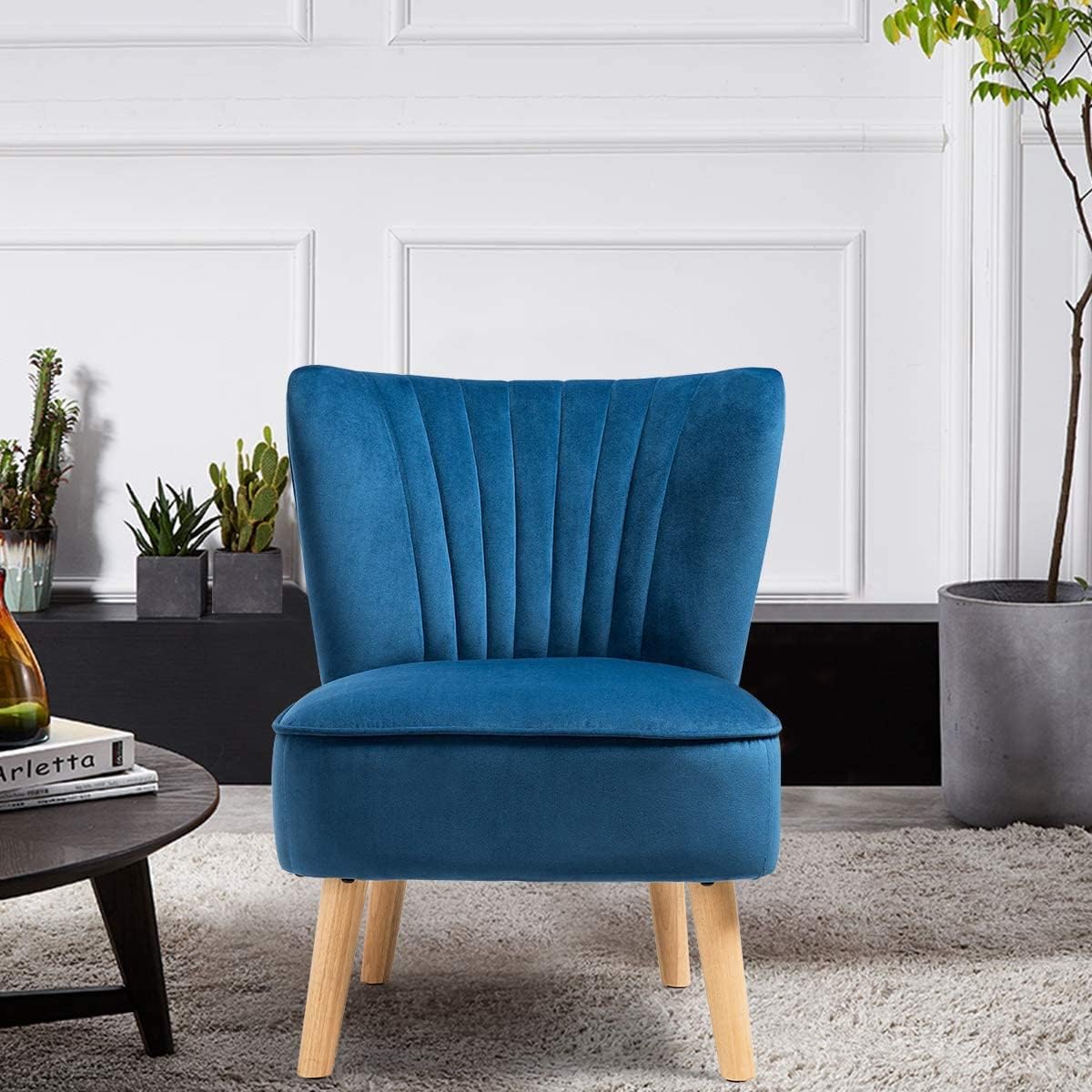 LUARANE Armless Velvet Accent Chair, Modern Leisure Chair with Curved Backrest Thick Sponge Cushion Wood Legs, Small Upholstered Wingback Sofa Chair for Bedroom Living Room (1, Blue)