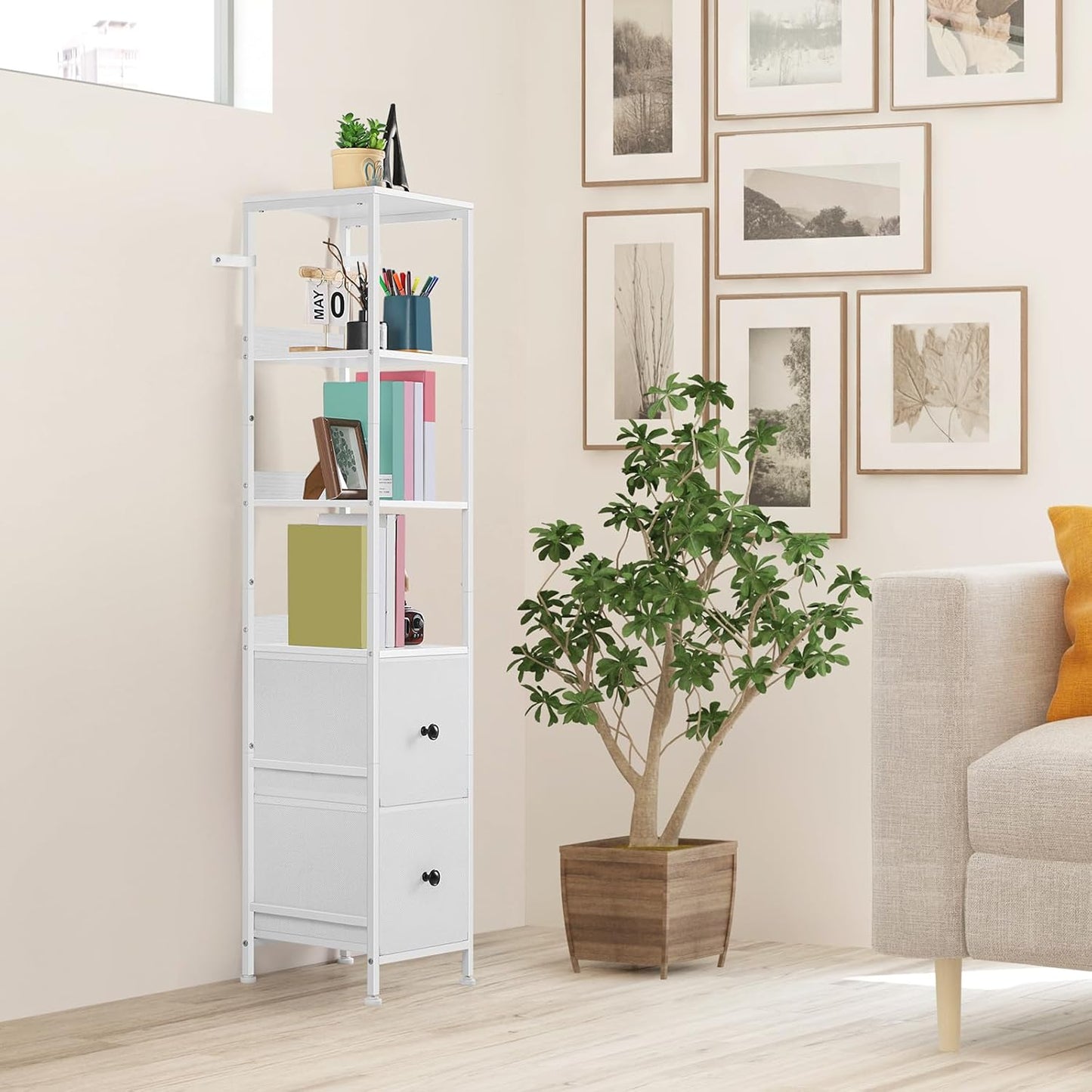smusei Bathroom Storage Cabinet 55.9'' Tall Bathroom Storage Floor Cabinet with 2 Drawers and Shelves, Slim Corner Cabinet Narrow Bathroom Organizer Rack for Living Room, Kitchen, White