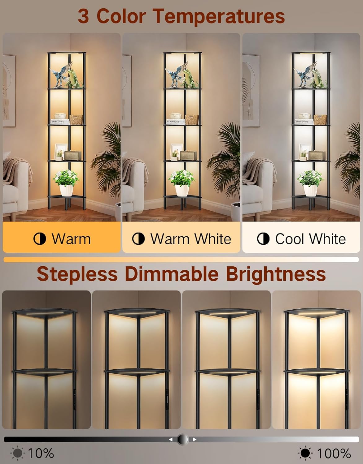 5 Tier Corner Shelf with LED Light, Touch & Remote Control, Dimmable Narrow Corner Bookshelf with 3 Color Temperature, 1-Hour Timer, Display Shelves for Living Room, Bedroom(Black)
