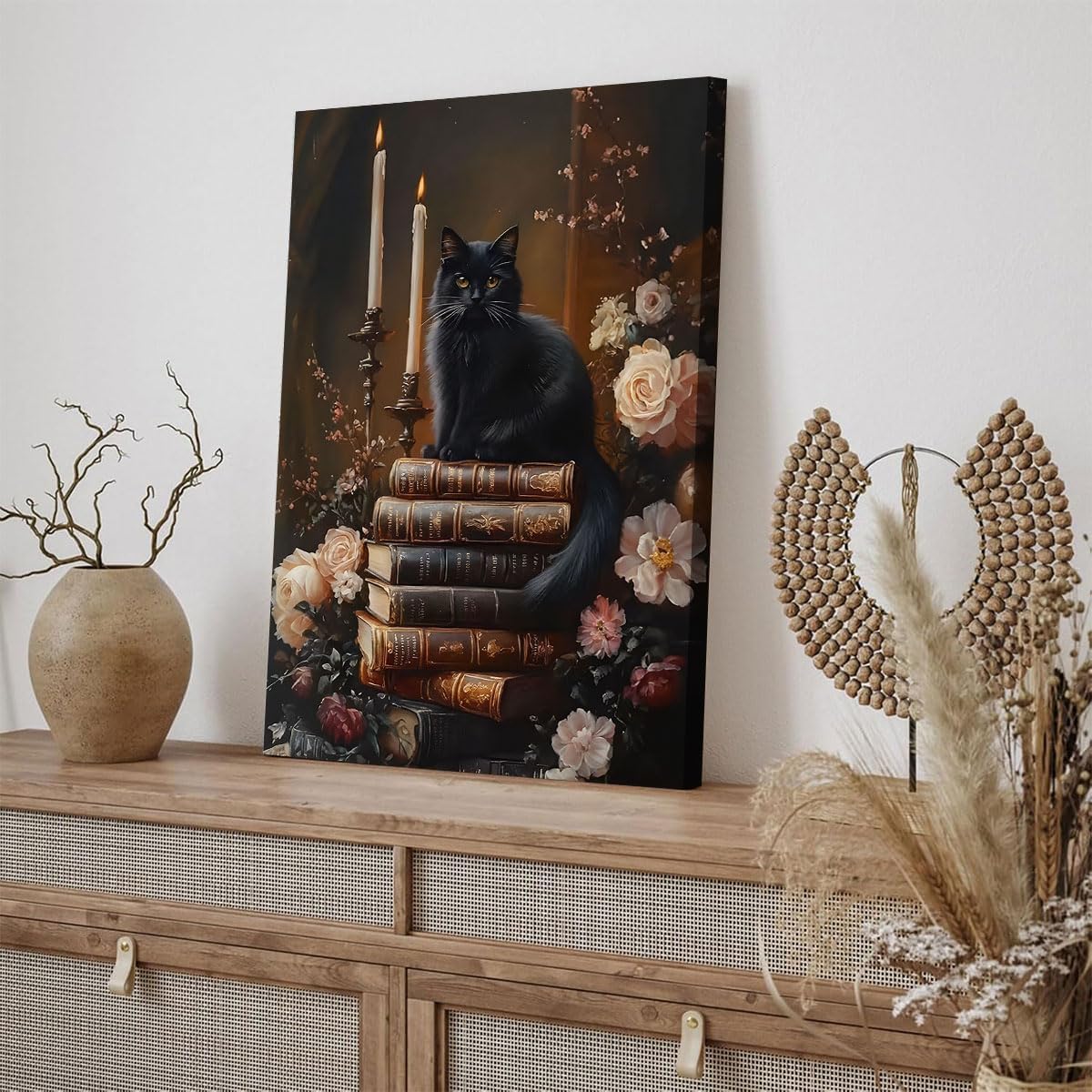 Framed Dark Academia Moody Wall Art Victorian Black Cat Wildflower Book Floral Wall Decor Picture Painting Artwork Vintage Black Cat Books Wall Art Gothic Vintage Antique Aesthetics Poster Print for Home Decoration (A, 8x12inch(20x30cm), Framed)