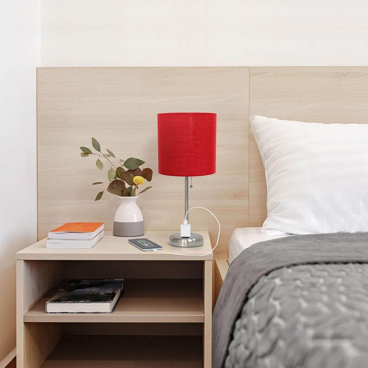 Oslo 19.5" Contemporary Bedside Power Outlet Base Standard Metal Table Desk Lamp in Brushed Steel with Red Drum Fabric Shade