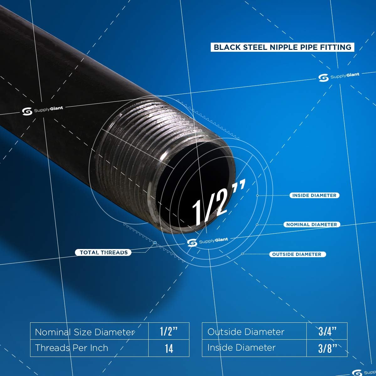 Supply Giant 1/2 Inch Black Pipe Assortment, Heavy-Duty Malleable Threaded Nipples, Steel Pipe Fittings Great For DIY Vintage Shelving Projects (Includes 6 of Each Size, 1-6 Inches 66 Pieces in Total)