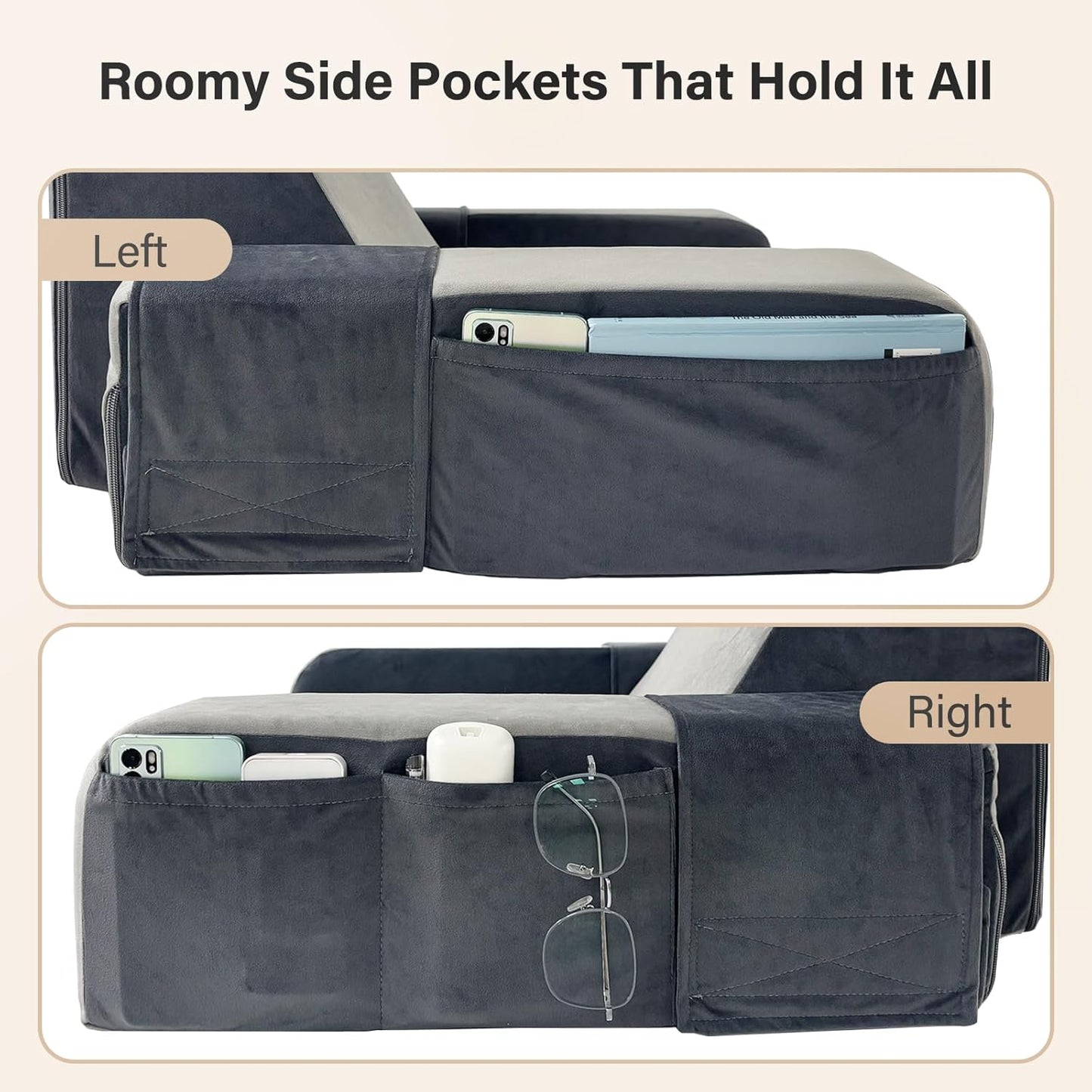 Reading Pillow for Bed — 21" 60° Ergonomic Wedge, XL Side Pockets, Removable Cover, Lightweight