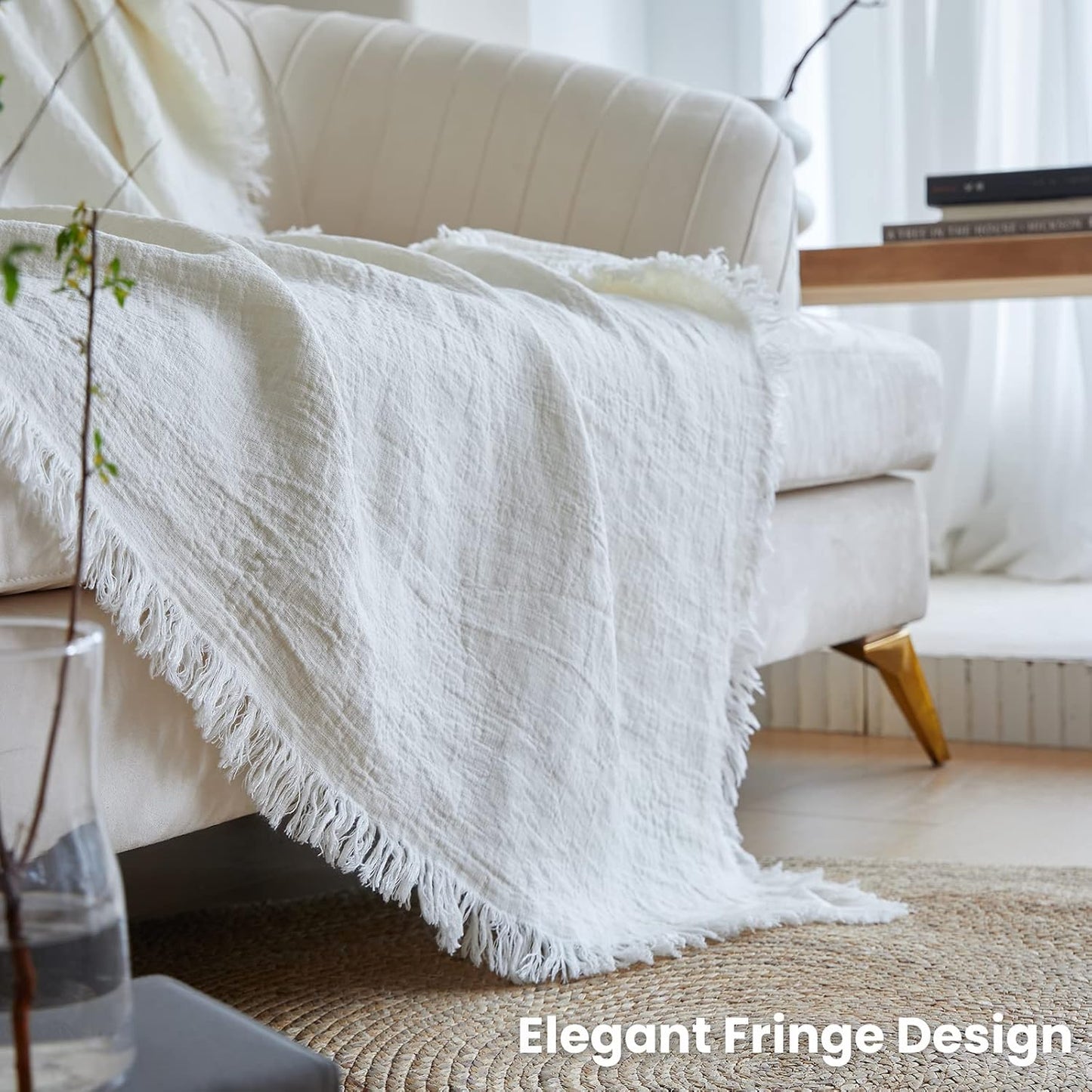 100% Linen Throw Blanket with Fringe for Couch/Bed/Sofa/Gift, Natural Washed Flax Solid Color Soft Breathable Cozy Farmhouse Boho Home Décor - White, 55"x75"
