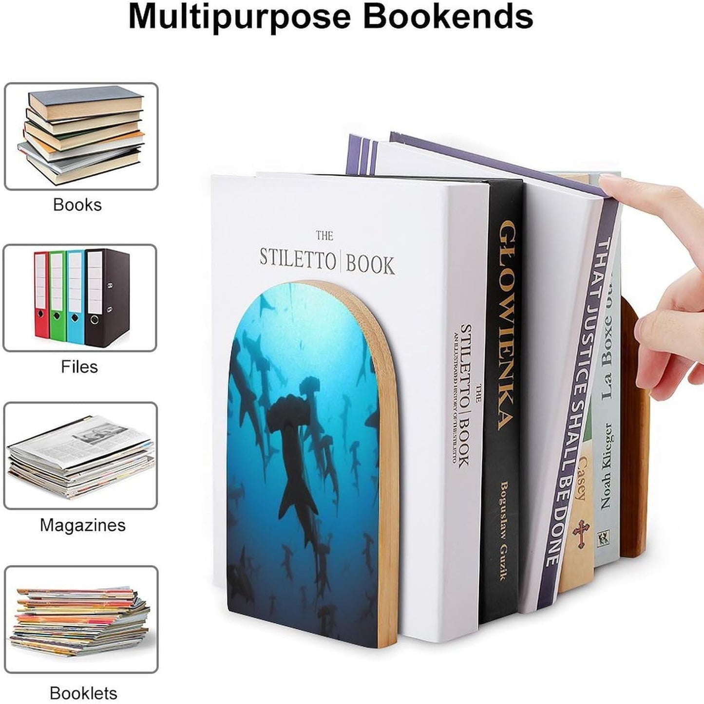 Hammerhead Sharks Wooden Bookend Non-Slip Book Ends Heavy Duty Book Stopper with Metal Base Books Holderd Decorative Bookends Stands Firmly for Office Supplies