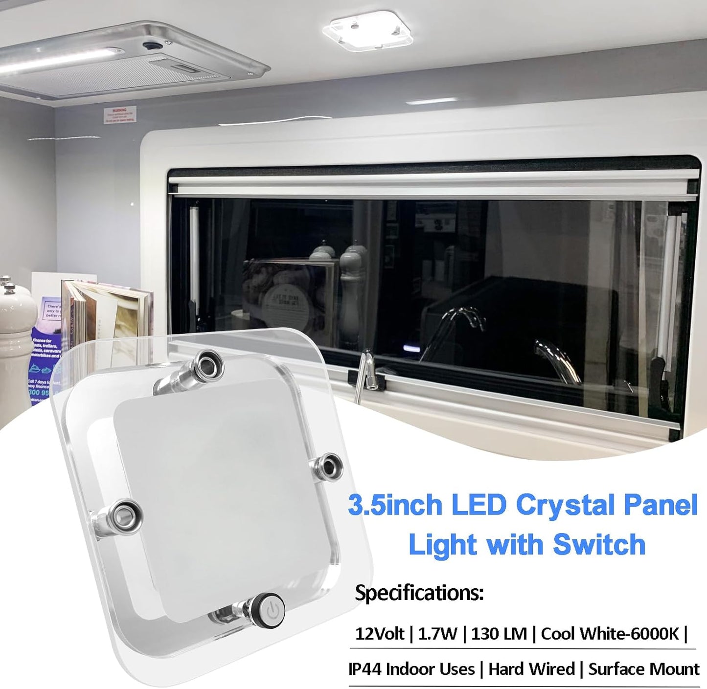 Dream lighting RV Interior Light - 3.5 inch LED Square Ceiling Light Fixture with Switch - 12V Under Cabinet Light with Crystal Lens - 6000K White Lighting - 2W 130Lumens - Surface Mount (1 Light)