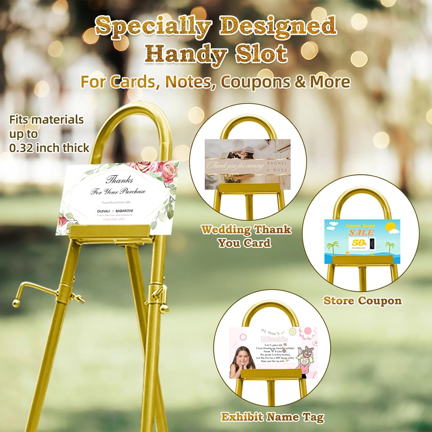 57"– 42" Height Adjustable Gold Easel Stand for Signs, Lockable at Any Height – 4 Hooks, 3 Display Modes, Easel with Design Templates – Ideal for Wedding Welcome Sign, Parties, Art & Retail Display