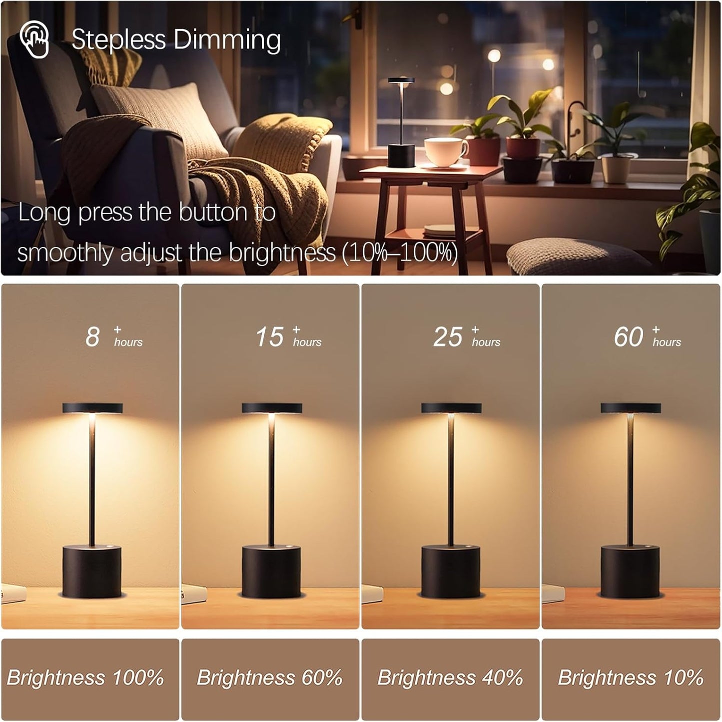 2-Pack Cordless Rechargeable Table Lamps, 3 Color Temperatures and Stepless Dimmable, IP54 Waterproof Portable Battery Operated LED Lights for Outdoor Patio Bedside Restaurant, Black