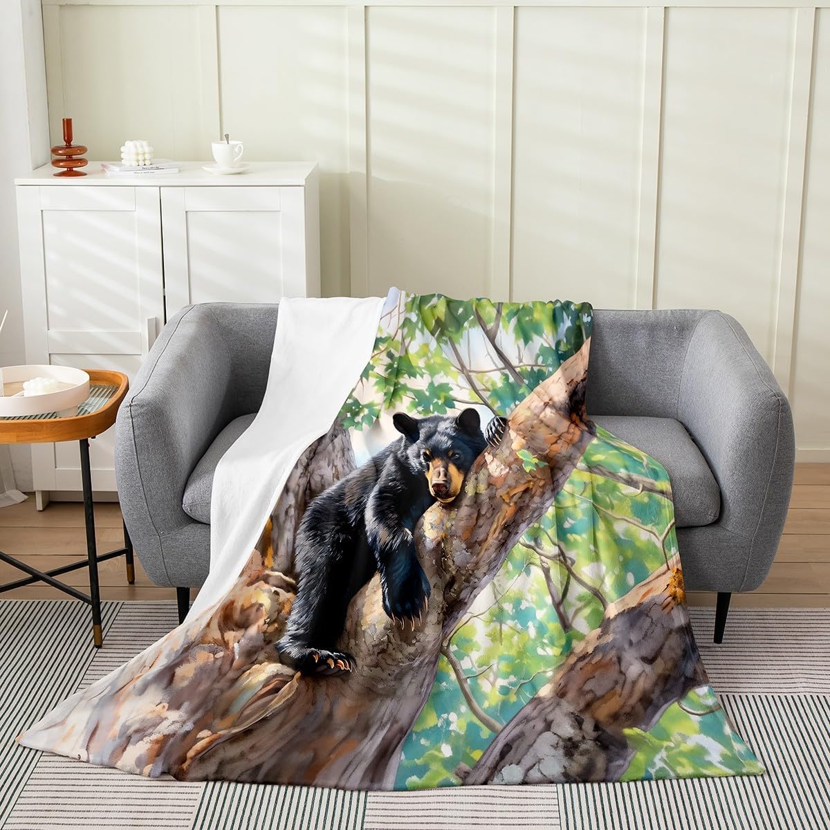 Feelyou Bear Flannel Fleece Throw Blanket for Kids Boys Girls Wild Animal Plush Blanket Queen 90"x90" Rustic Cabin Country Fuzzy Blanket Decor Nature All Season Blanket Tree Branches