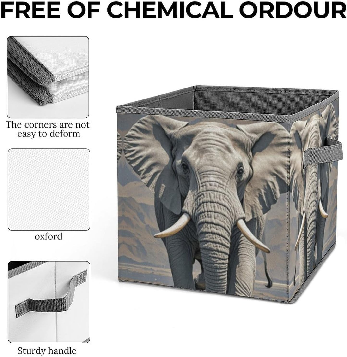 Elephant Pattern Storage Bins with Handles Fashion Large Storage Cubes Sturdy Foldable Storage Boxes Space-Saving Storage Baskets for Home Office Clothes Closet Organizers