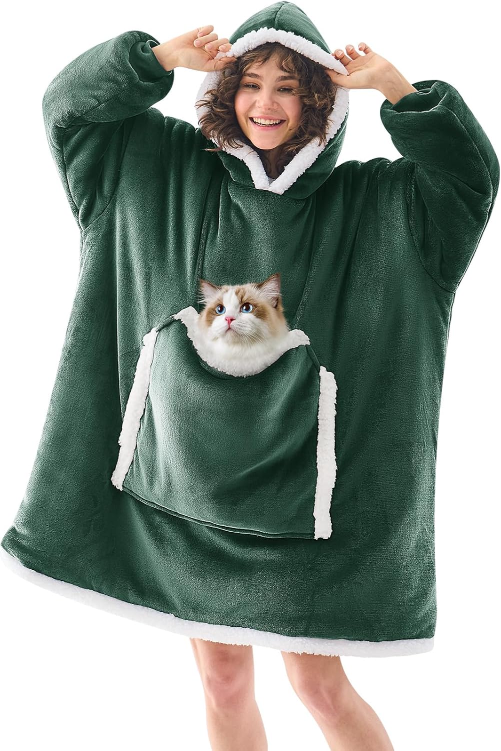 JOYWOO Green Wearable Blanket Hoodie,Oversized Cat Lovers Sweatshirt Blanket for Adult, Birthday Gifts for Women Mom Grandma,Cozy Hooded Blanket with Giant Pocket Winter Gifts,Dark Green Standard