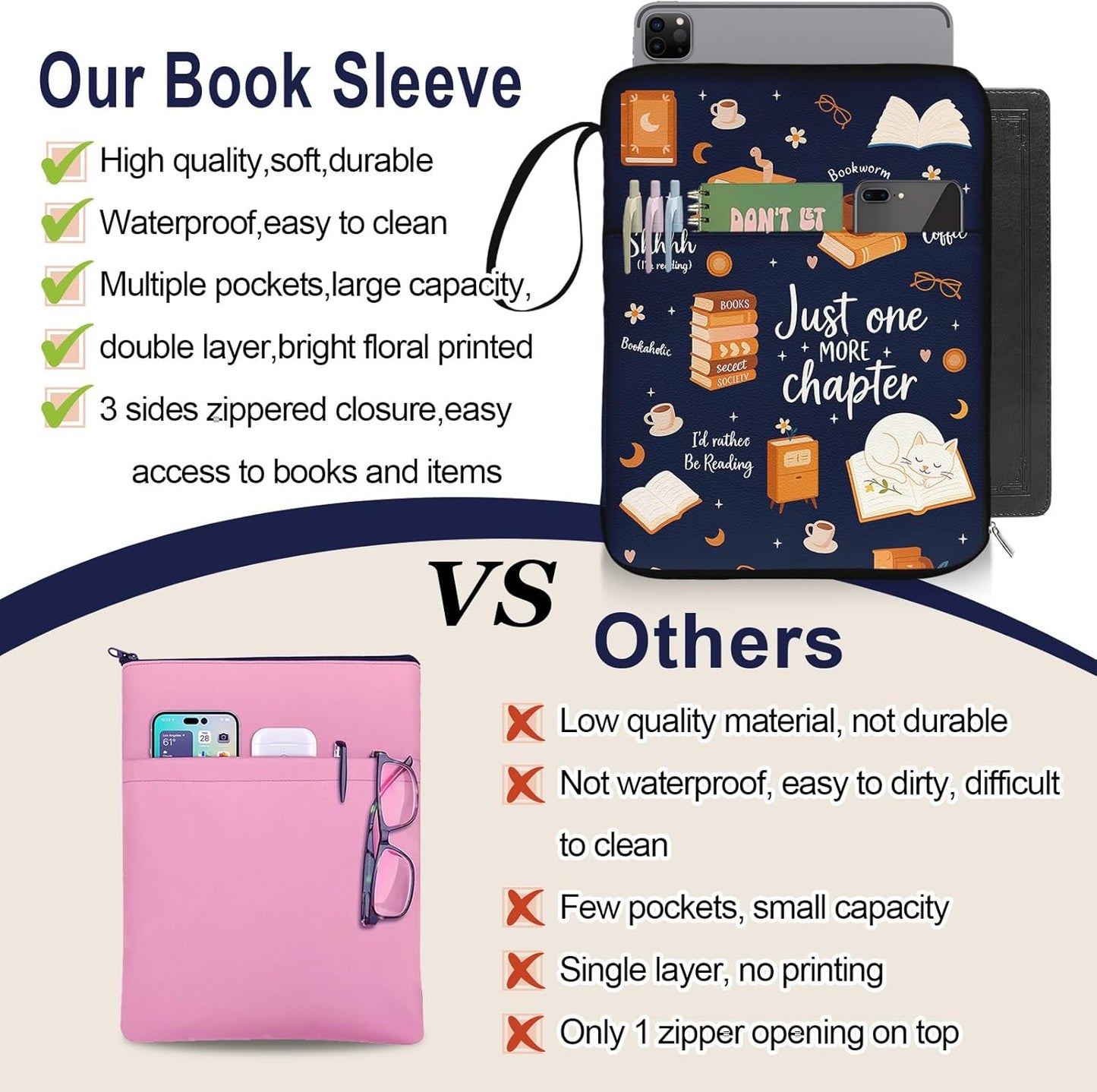 Book Sleeve for Book Lovers,Just One More Chapter Waterproof PU Leather Travel Book Carrying Case,Book Pouch with Zipper,Cute Cat Book Portable Book Protector Cover Bag for Hardcover Paperbacks Gift