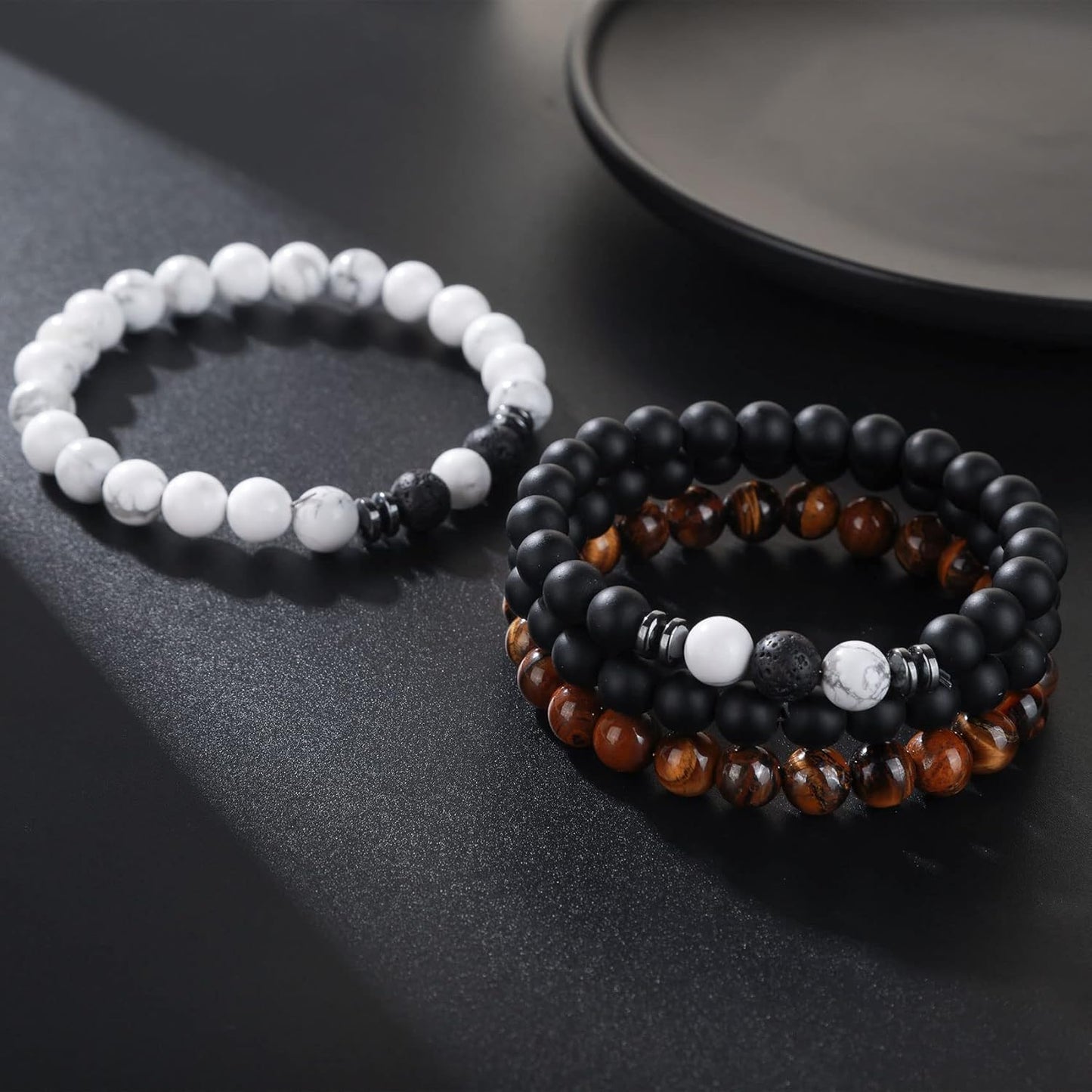 RANKEEF Tiger Eye Bracelet For Men 8MM Natural Stone Stretch Adjustable Black Crystal Beaded Bracelet for Men Women Gifts