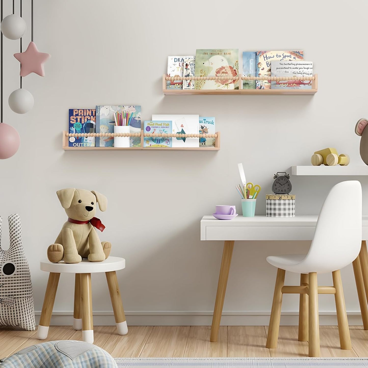 Nursery Book Shelves - Wall Mounted Set of 2, 32 inches Wooden Floating Bookshelves for Kids' Room and Study Room