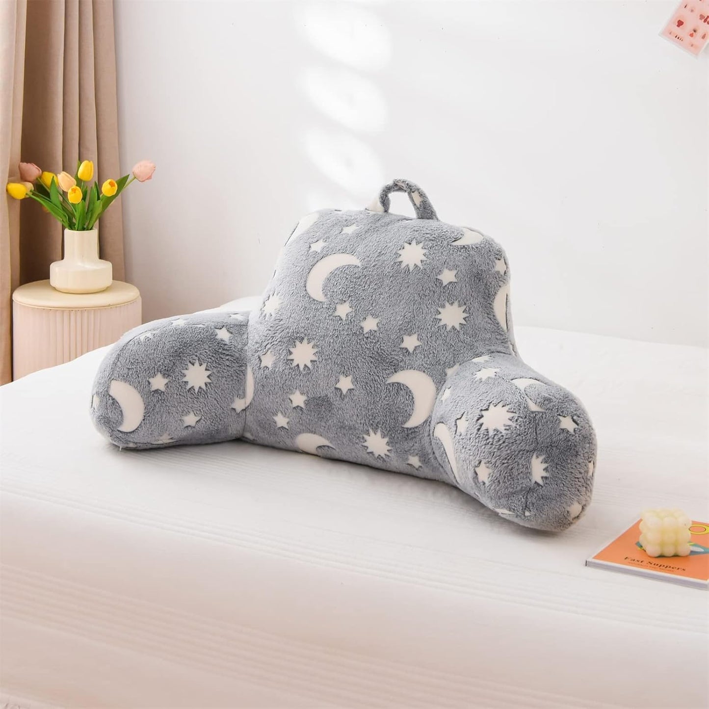 A Nice Night Star Moon Plush Reading Pillow Glow in The Dark Bed Wedge Children Backrest with Arms Back Support for Sitting Up in for Bedrest,Grey