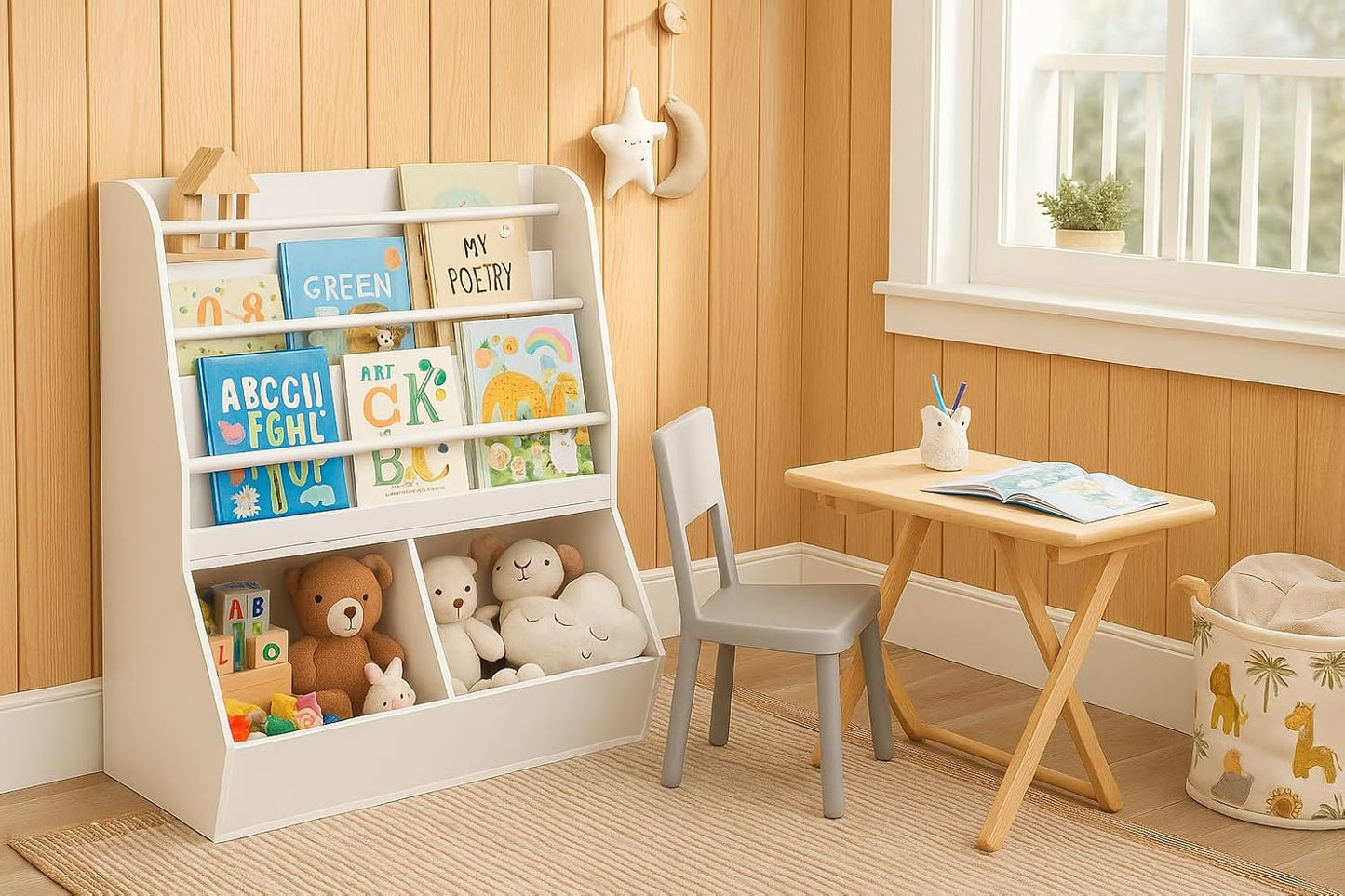 UTEX Kids Bookshelf and Toy Storage, Toy Storage Organizer and Book Rack, Toddler Bookshelves Display Stand, Book Shelf for Kids Rooms, Nursery, Bedroom, White