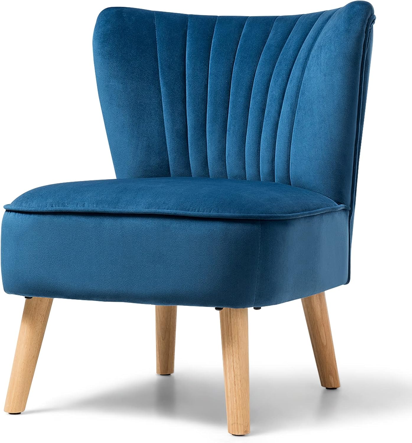 KOTEK Velvet Accent Chair, Modern Armless Accent Chair w/Solid Rubber Wood Legs, Upholstered Side Chair Club Sofa Chair Slipper Chair for Living Room Bedroom (Blue)