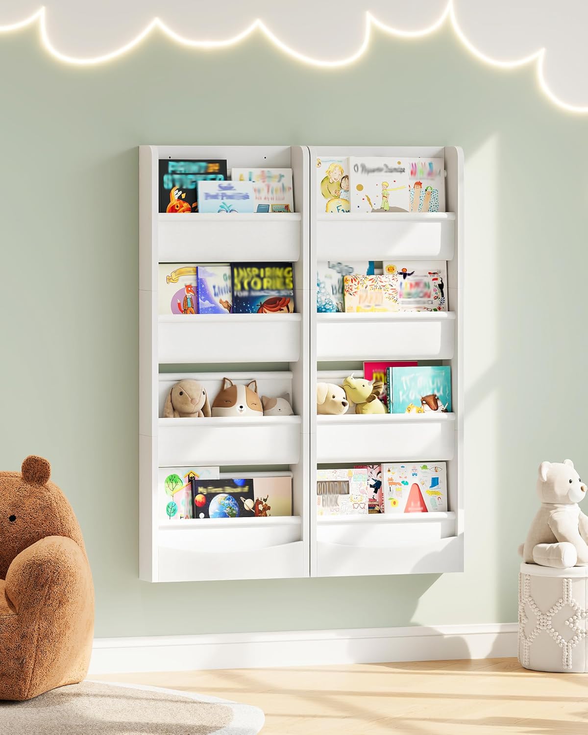 Wall Mounted Kids Bookshelf, 4 Tier Fabric Book Shelf for Kids Rooms, Bookshelf Organizer for Nursery, Classroom, Door Behind, Holds Books, Toys, White MCW40WB