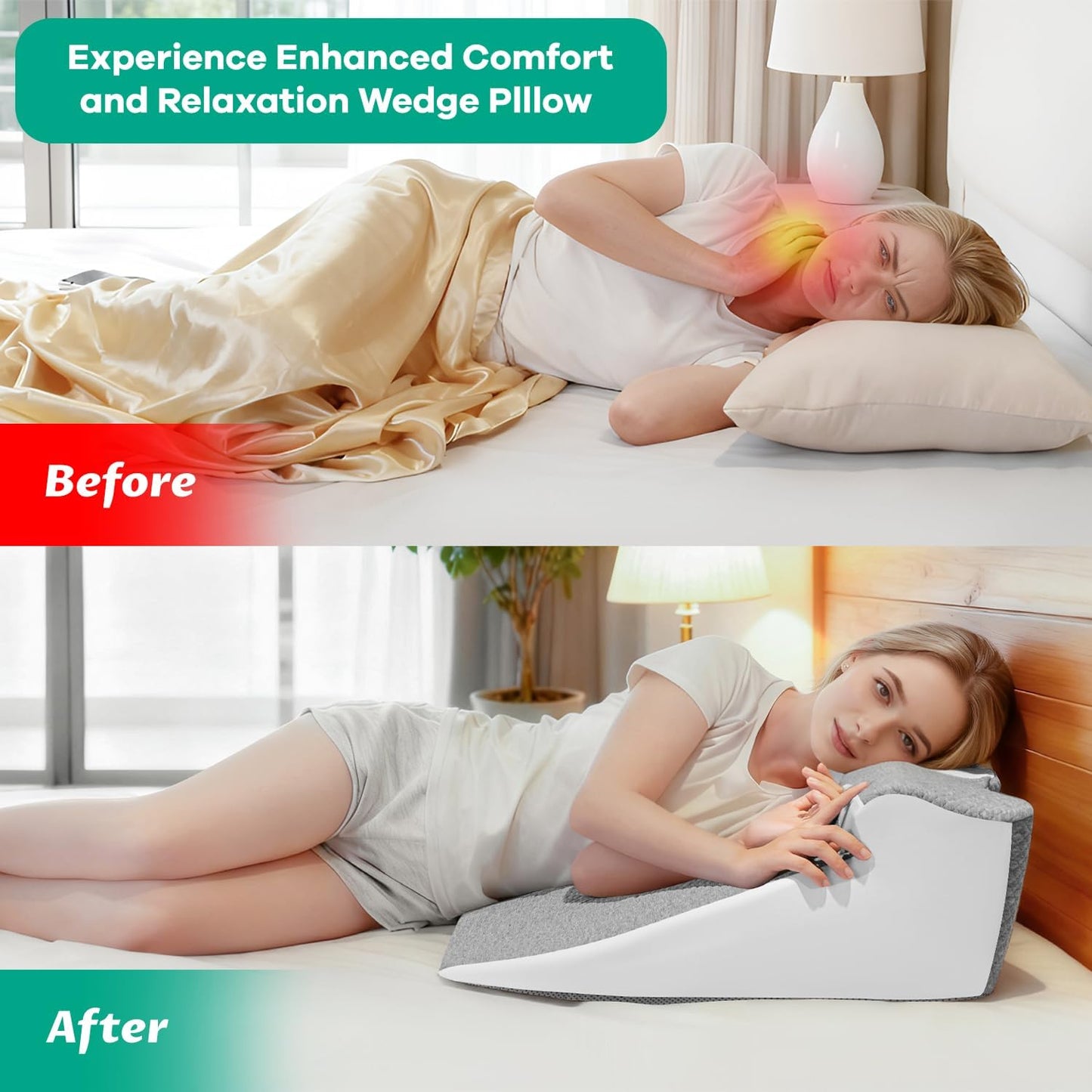 Bed Wedge Pillow for Headboard, Ergonomic Wedge Pillow for Sleep Apnea Memory Foam Reading Pillow for Back, Neck & Head Comfortable Support-Grey