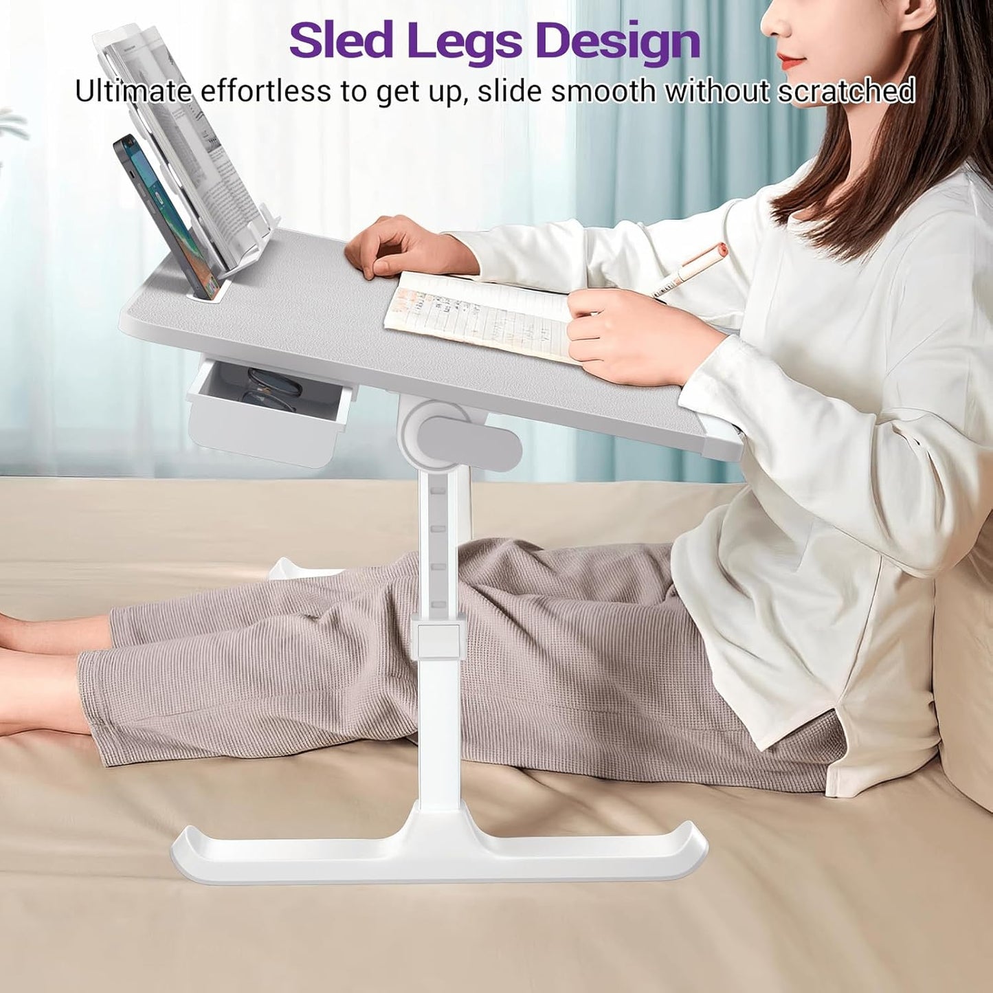 NEARPOW XXL Bed Table Desk for Laptop and Writing, Adjustable Computer Tray Laptop Stand for Bed or Sofa with Anti-slip Leather, Removable Stopper, Book Stand and Drawer - Gray