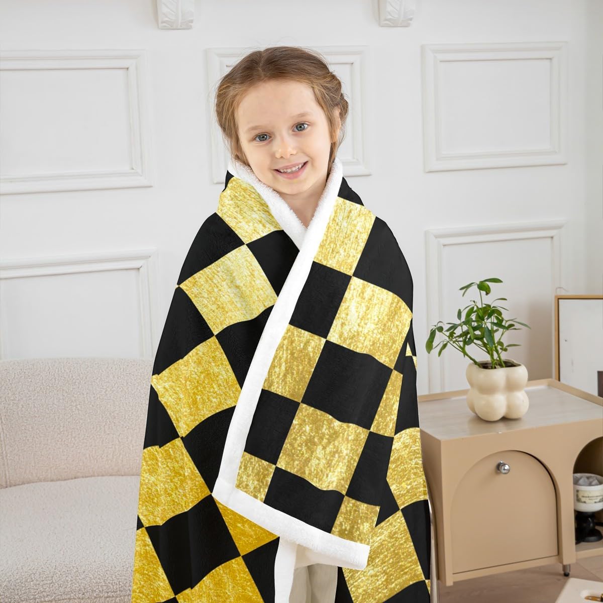 Feelyou Checkered Retro Throw Blanket Golden Black Plaid Soft Fleece Sherpa Cozy Fuzzy Plush Warm Geometric Vintage Fuzzy Plush Throw Modern Simple Groovy Aesthetic 40"x50" for Bed Couch Living Room