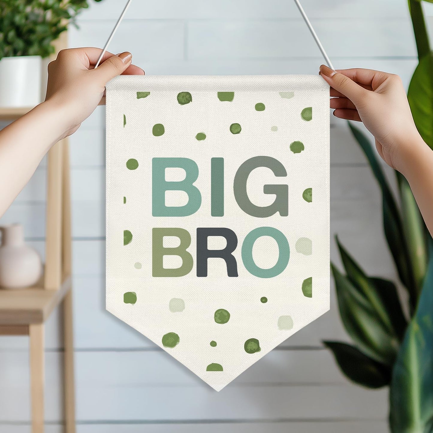 BIG BRO Wall Hanging Banner,Green Polka Dot Canvas Sign for Big Brother Room Decor, Sibling Announcement Gift, Nursery Playroom Wall Art Poster, Baby Shower Decor(KD17)