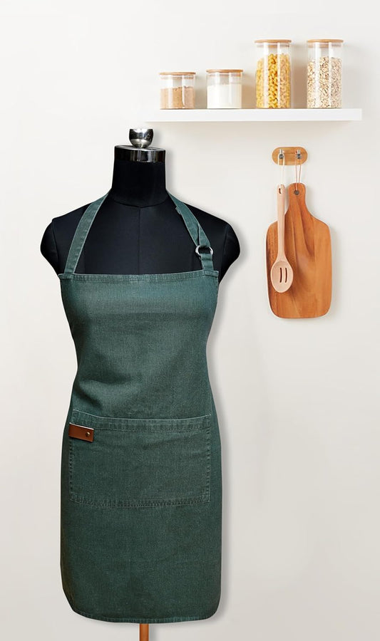 100% Cotton washed Apron with Pocket and Adjustable Neck with Long Ties Apron 25" X 31" for Women Men Chef Cooking, Baking, Gardening, Hunter Green