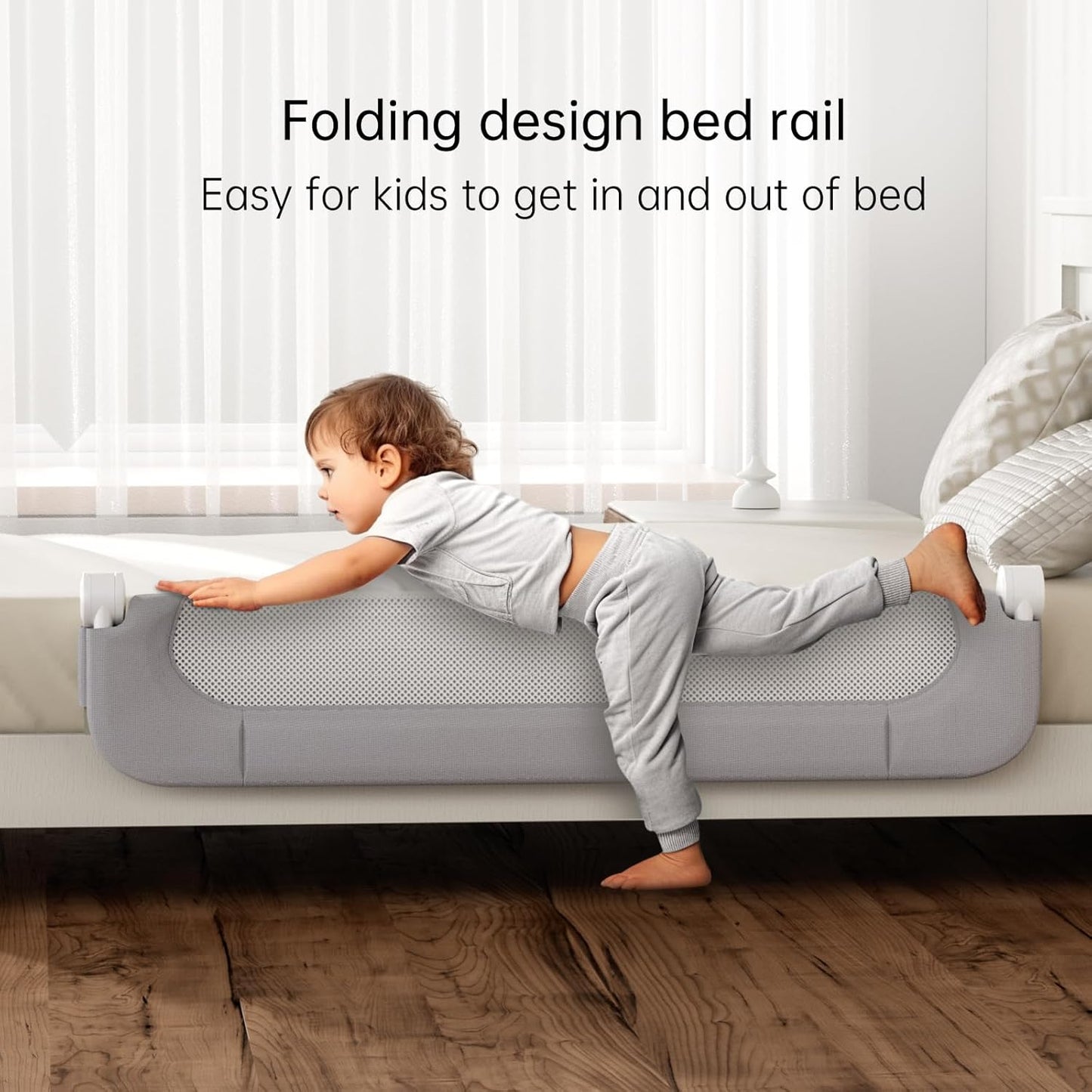 Folding Bed Rail for Toddlers,Baby Bed Rail Guard with Reinforced Anchor Safety System,Fit Bunk,Full Size,Queen,King,Twin(Grey,71"x23.6")