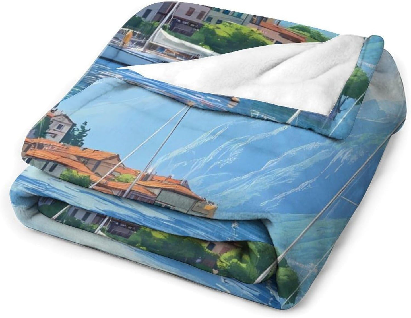 Italy Lake Como Boat Throw Blanket for Couch Bed Plush Cozy Fuzzy Flannel Blanket for All Season 55"x70"