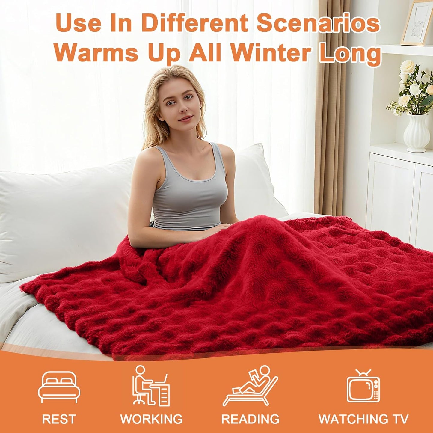 Heated Blanket Electric Throw Blanket 50''X 60''-Heating Blanket with 6 Heat Settings-4 Hours Auto Off,Cozy Faux Rabbit Fur Bubble Electric Blanket,Red