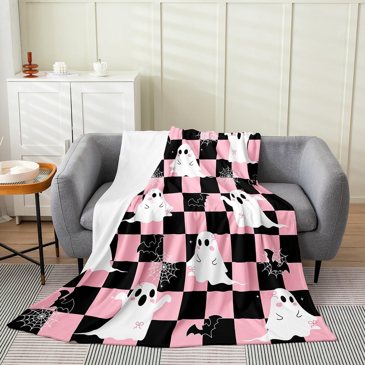 Erosebridal Black Pink Halloween Fleece Blanket Queen 90"x90" Kawaii Bowknot Ghost Flannel Blanket Gothic Spider Web Bat Fuzzy Plush Throw for Kids Boys Girls,Halloween Checkered Decor for Bed Couch