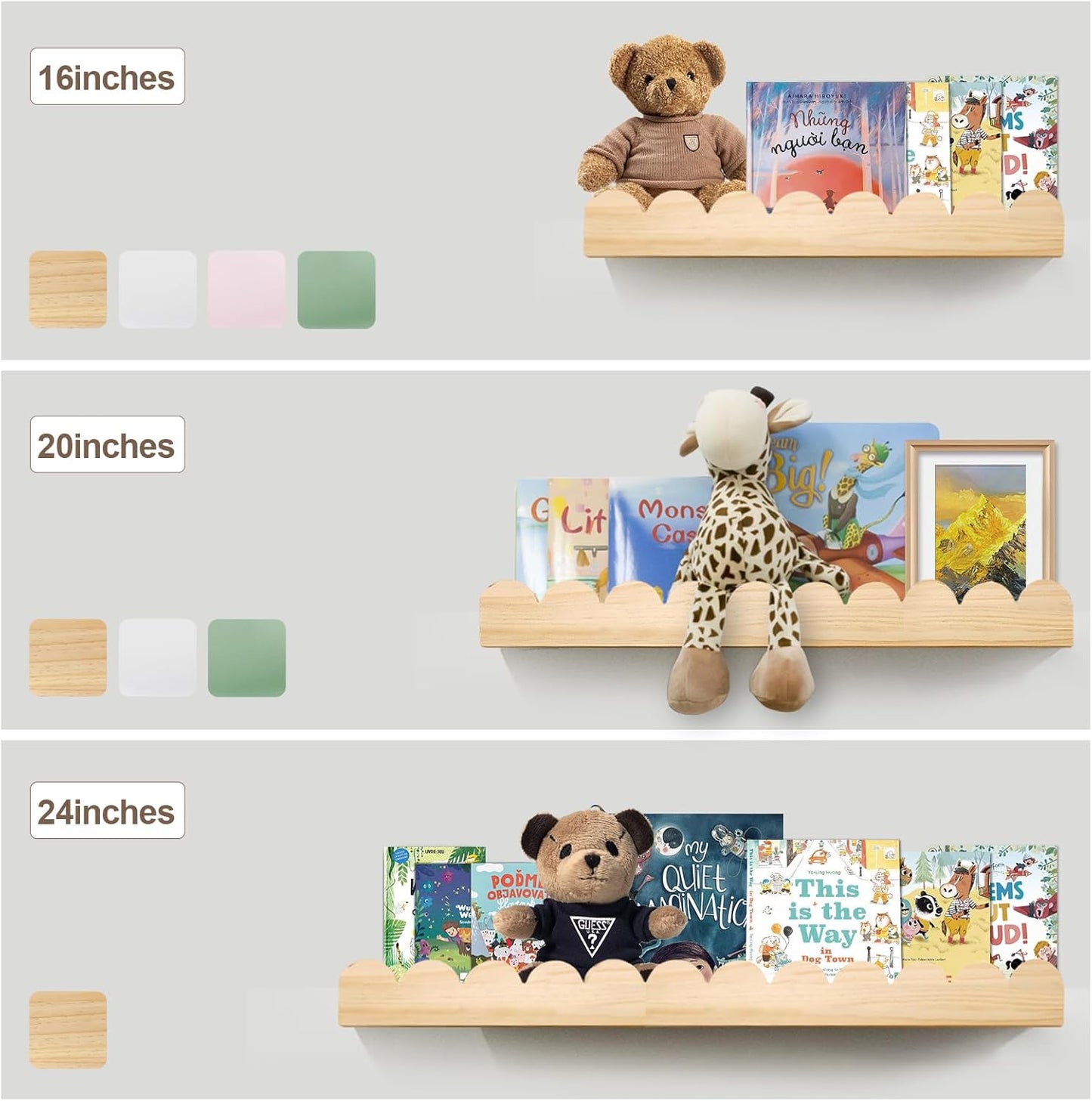 Nursery Book Shelves 20Inches, Scalloped Floating Shelves for Bedroom Kids, Nursery Shelves for Wall 2 Pack, Scalloped Shelf for Toddler Room, Baby Room, Sage, Large