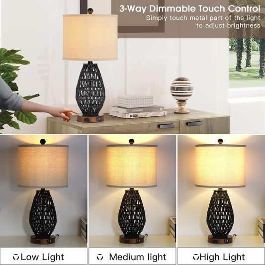 Touch Control Rattan Table Lamps, 3 Way Dimmable Bedside Lamps for Bedroom Set of 2 with 2 USB Ports and AC Outlet, Wicker Nightstand Lamps for Living Room (LED Bulbs Included), Black