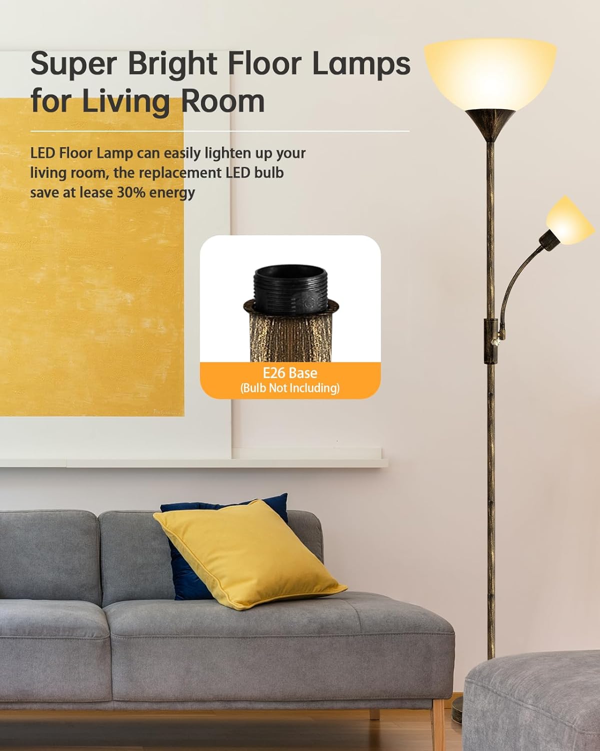 BoostArea Floor Lamps for Living Room, Standing Lamp, 71" Torchiere Floor Lamp with Reading Lamp, 3 Way Switch, Corner Floor Lamps for Living Room/Bedroom, Rustic Bronze Floor Lamp(E26 Base, No Bulb)