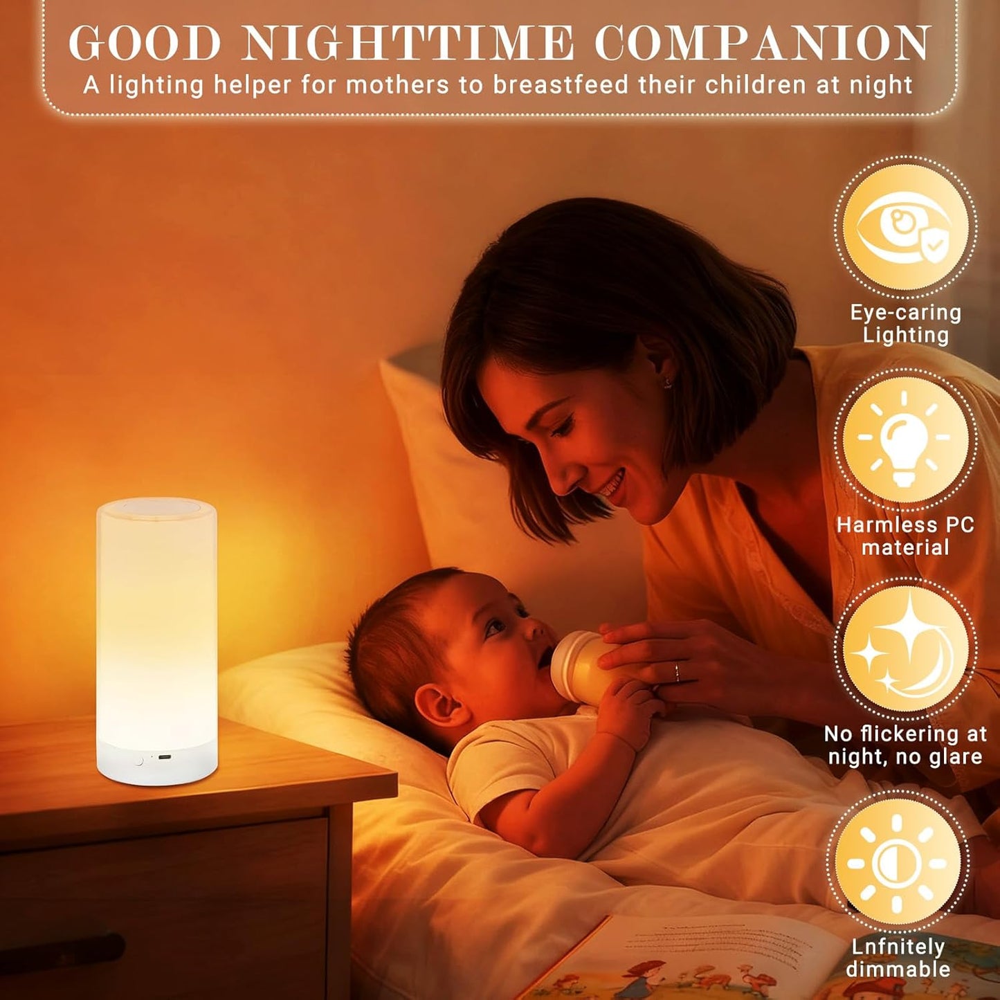 Table Lamp, Touch Sensor Bedside Lamps, Dimmable Warm White Light & Color Changing RGB for Kids Room,Living Room,Camping