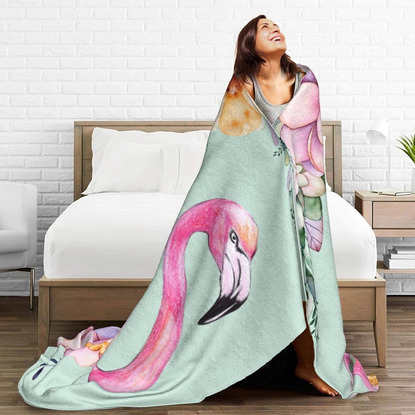 Pink Flamingo Watercolor Floral Bed Blanket Ultra Soft Throw Blanket All Season Warm Light Weight Cozy Plush Blankets for Home Bedroom Sofa Chair Travel, 50"X40"