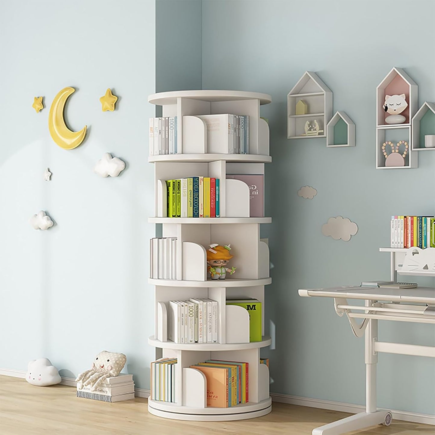 ELZEM Rotating Bookshelf 5 Tier 360° Revolving Bookcase Corner Round Bookcase White Spinning Book Shelf Stackable Bookshelf Organizer Display Cabinet for Office Home Living Room