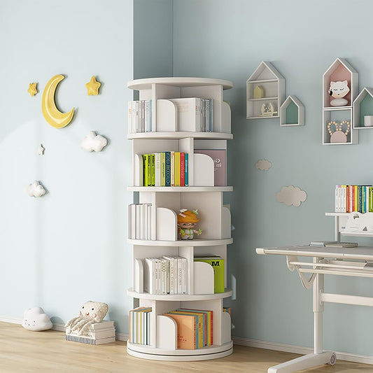 ELZEM Rotating Bookshelf 5 Tier 360° Revolving Bookcase Corner Round Bookcase White Spinning Book Shelf Stackable Bookshelf Organizer Display Cabinet for Office Home Living Room