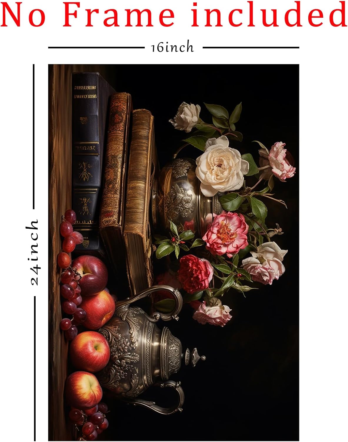 Moody Flower Books Canvas Wall Art Still Life Fruit Painting Victorian Floral Canvas Art Academia Poster Books Still Life Pictures Prints Vintage Dark Floral Picture 24x16 Inch Frameless