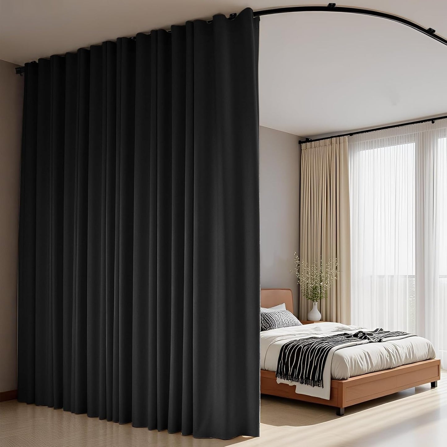 Room Divider Curtains Flexible Ceiling Tracks Set Curtain Track Ceiling Mount Blackout Curtain for Living Room Bedroom Ceiling Curtain Rod Privacy Dividers Panels W180 x H108 Black Drape & Black Rail