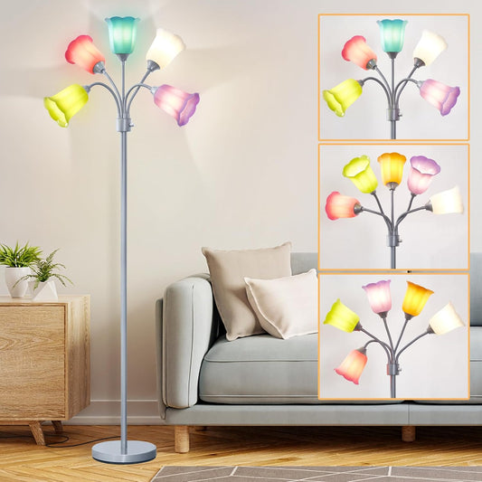 GyroVu Medusa LED Floor Lamp, Multi Head Modern Tall Lamp with Adjustable Gooseneck Standing Lamps Led Tall Lamp for Living Room Bedroom Kids Room Office 6 Color Lampshades Bulb Not Included Silver